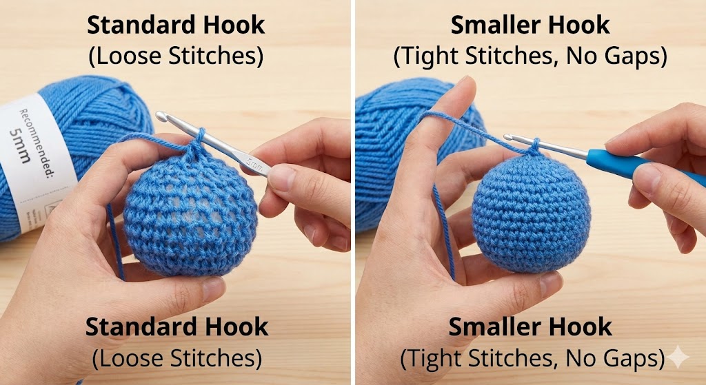 A comparison of hook sizes for amigurumi vs standard crochet.